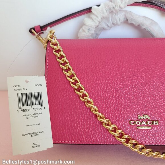 COACH Anna Pebbled Leather Fold-over Clutch Crossbody With Chain- Bold Pink ⭐ - Picture 15 of 16